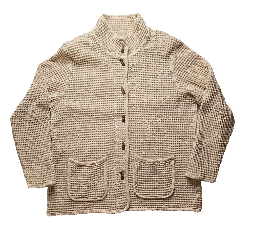 Focus USA Womens M Cream Waffle Cotton Jacket Coconut Buttons Pockets Lagenlook